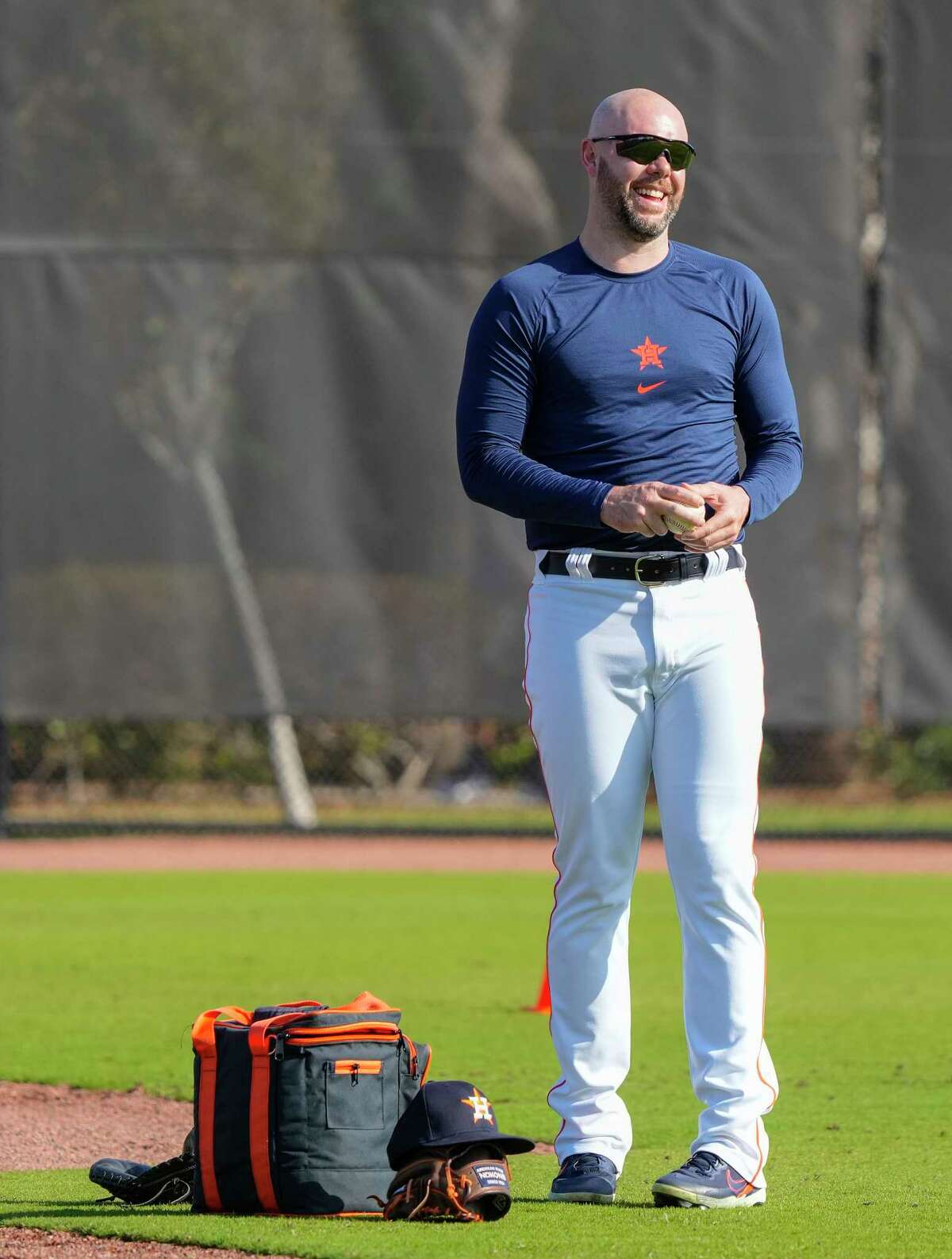 Houston Astros pitcher Ryan Pressly warms up during workouts at the Astros spring training complex at The Ballpark of the Palm Beaches on Saturday, Feb. 18, 2023 in West Palm Beach .