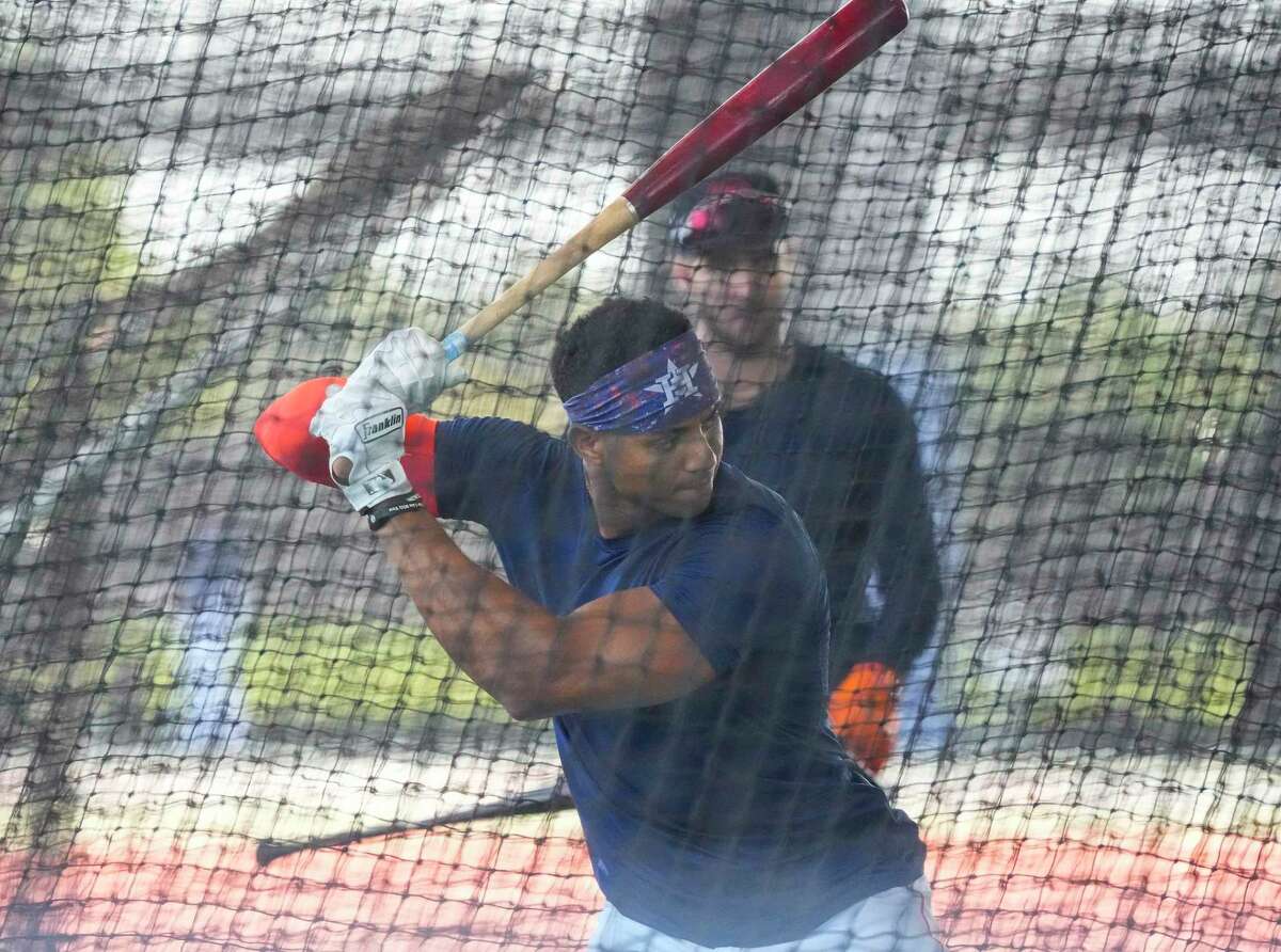 Houston Astros shortstop Jeremy Peña in the batting cage during workouts at the Astros spring training complex at The Ballpark of the Palm Beaches on Saturday, Feb. 18, 2023 in West Palm Beach .