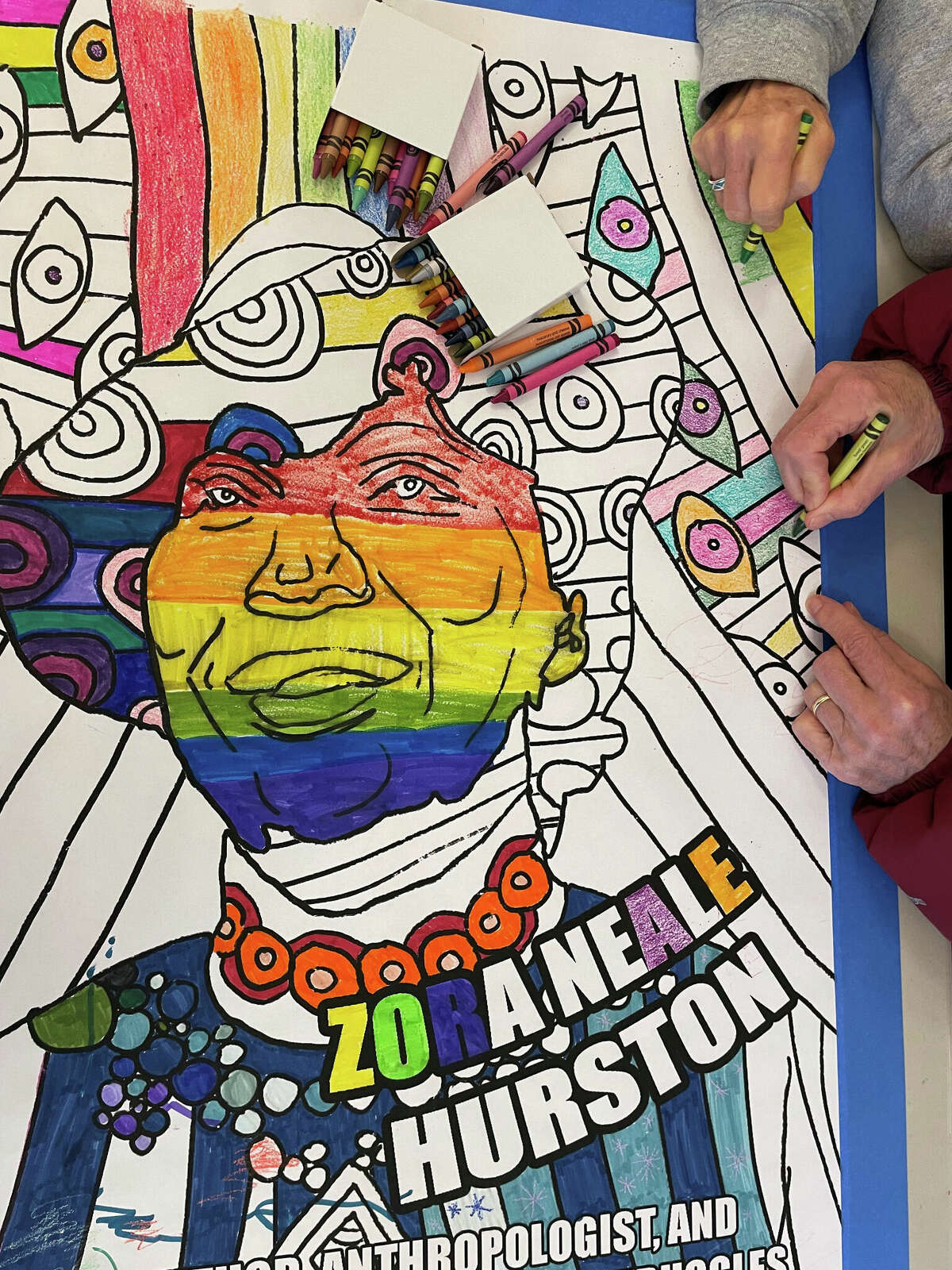 Coloring is in process on the portrait of Zora Neal Hurston for The Great Americans Project at the Willoughby Wallace Memorial Library.