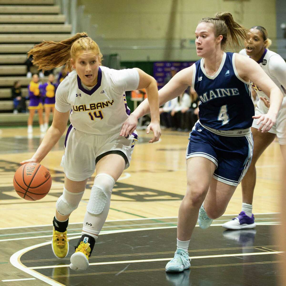 UAlbany’s Grace Heeps, left, said the team got a boost from beating Maine this past Saturday, which would help prevent the Great Danes from collecting any rust during their bye week.