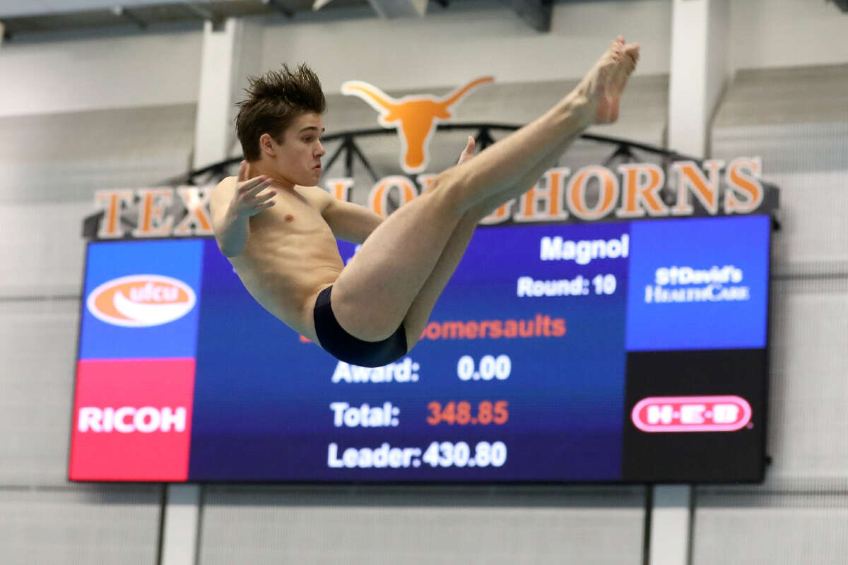 Jake Bigler of Magnolia compete in the Class 5A boys 1-meter diving during the UIL State Swimming & Diving Championships, Saturday, Feb. 18, 2023, in Austin.