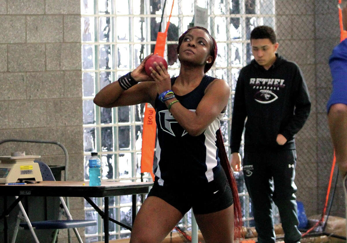 Hillhouse's Shalisha Robertson competes in the shot put event during CIAC State Open Boys and Girls Indoor Track championship action at Hillhouse High in New Haven, Conn., on Saturday February 18, 2020.