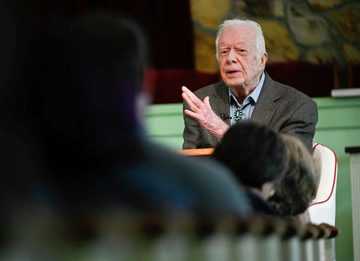 FILE - Former President Jimmy Carter teaches Sunday school at Maranatha Baptist Church, in Plains, Ga., Nov. 3, 2019. Well-wishes and fond remembrances for the former president continued to roll in Sunday, Feb. 19, 2023, a day after he entered hospice care at his home in Georgia.