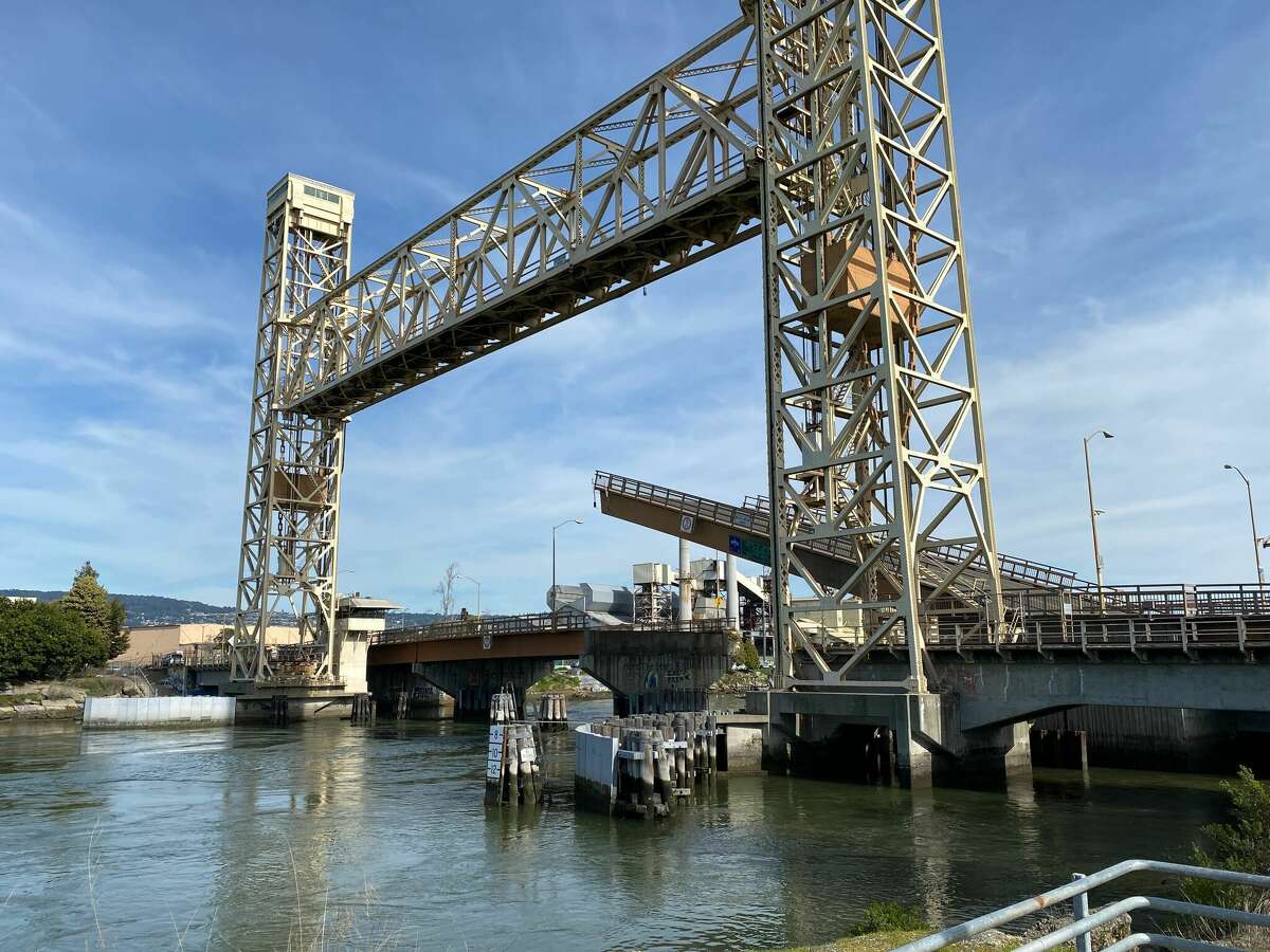 The Fruitvale Bridge drawbridge in Alameda was stuck in a half-open position Sunday because of an East Bay power outage. 