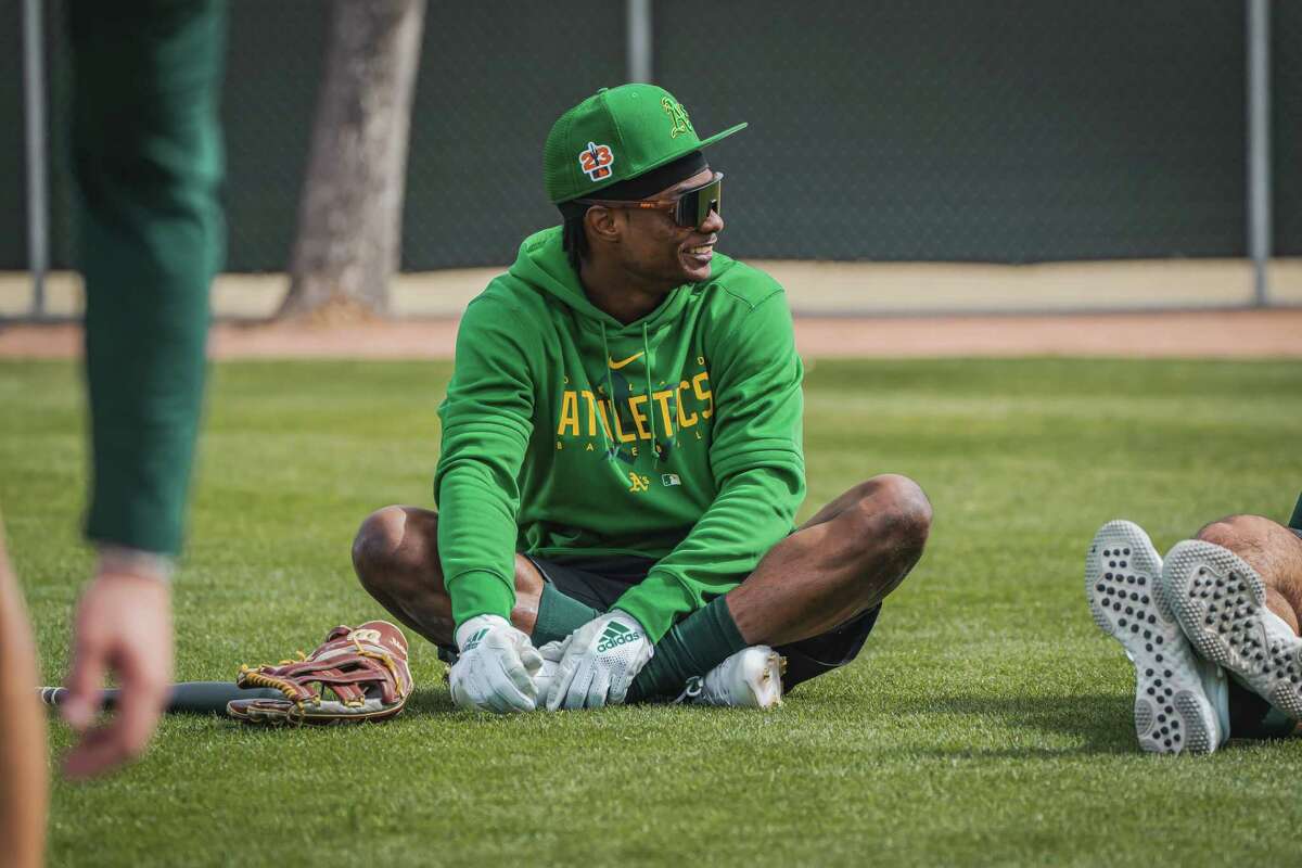 A's outfielder Esteury Ruiz stretches at a spring training workout at Hohokam Stadium in Mesa, Ariz. Ruiz might have a path to the starting center-fielder position.