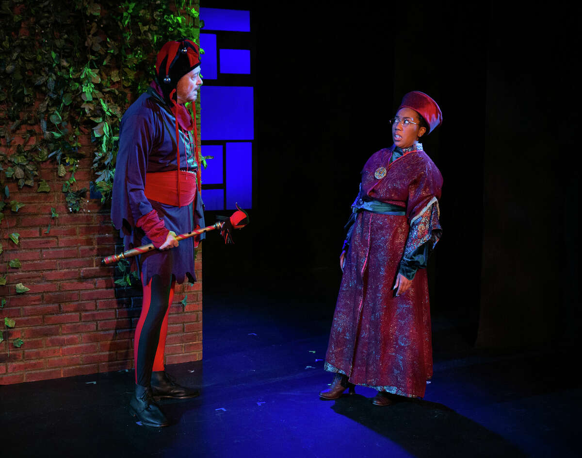 Matt Neely plays a jester opposite Camille Upshaw as a scientist in one of the 10 plays, all about 10 minutes long, in Barrington Stage Company's annual 10x10 New Play Festival, running in Pittsfield, Mass., through March 5.