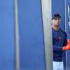 Houston Astros outfielder Michael Brantley takes batting practice in the cages during workouts at the Astros spring training complex at The Ballpark of the Palm Beaches on Monday, Feb. 20, 2023 in West Palm Beach .