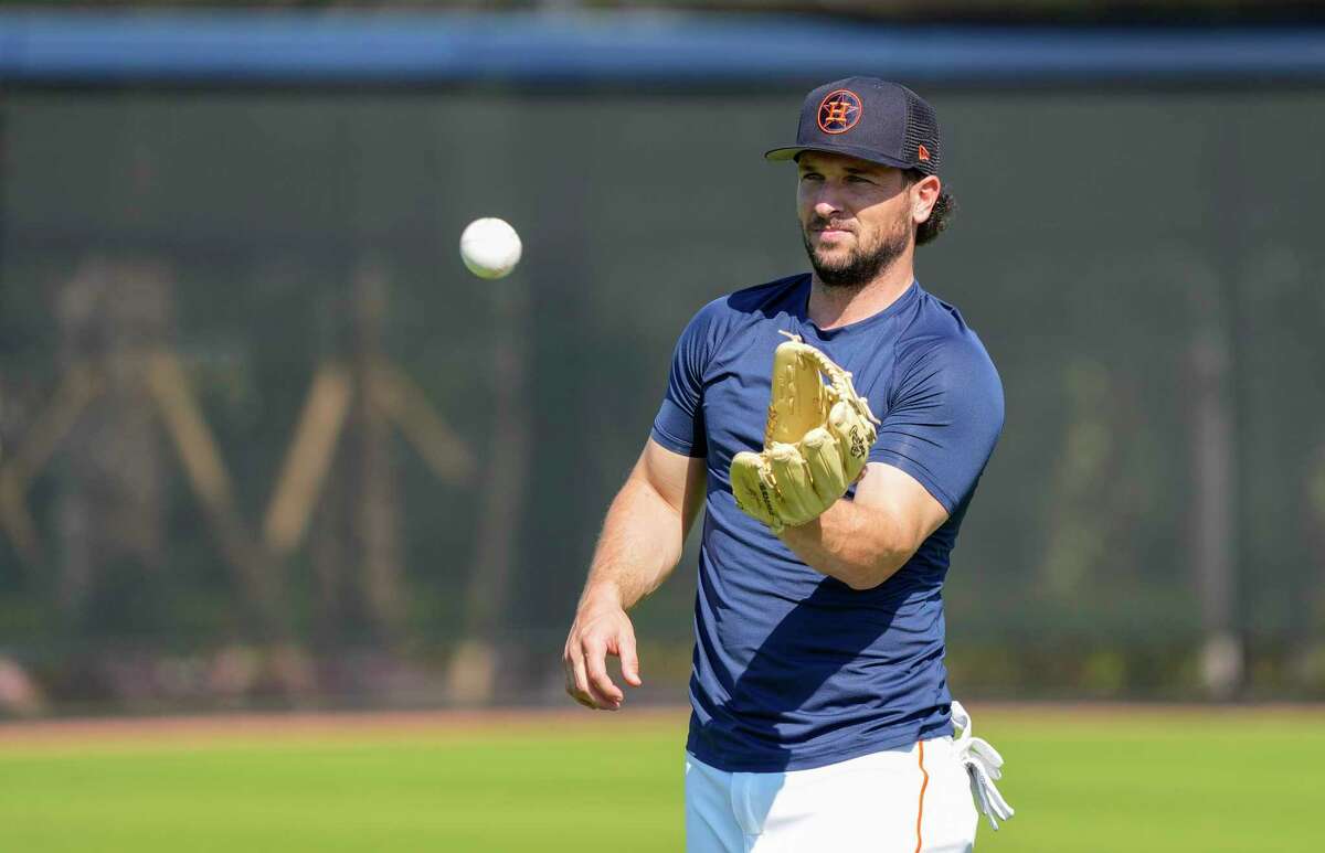 Houston Astros third baseman Alex Bregman warms up during workouts at the Astros spring training complex at The Ballpark of the Palm Beaches on Monday, Feb. 20, 2023 in West Palm Beach .