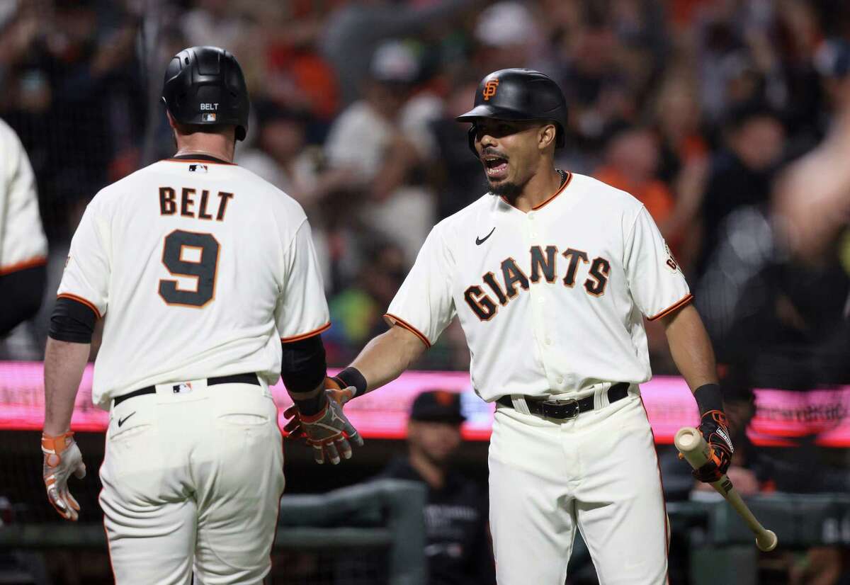 LaMonte Wade Jr. #31 of the San Francisco Giants warms up before