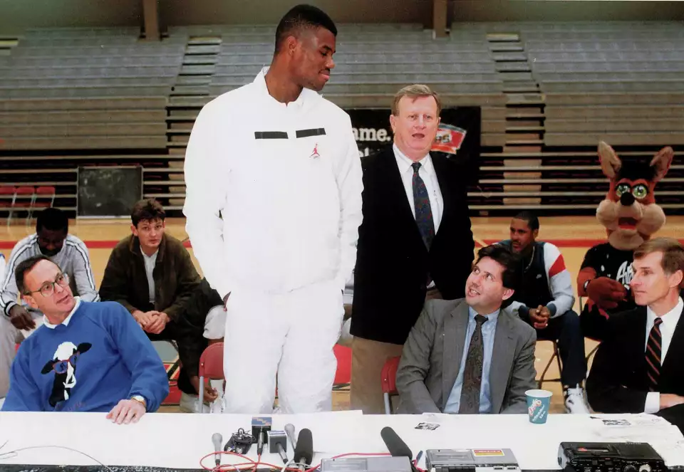 Red McCombs introduces David Robinson during a news conference in 1990 after practice at the Incarnate Word College convocation center; San Antonio Spurs basketball