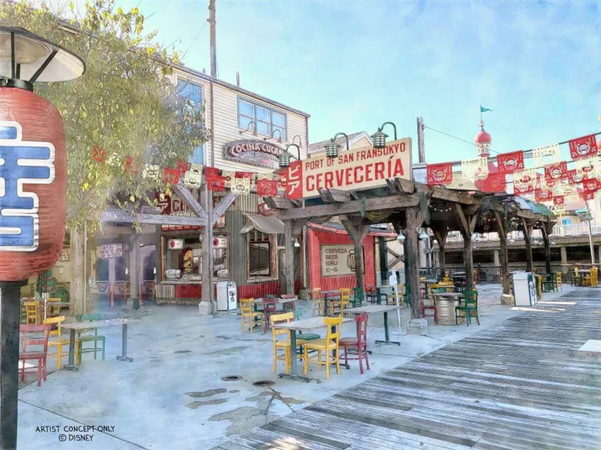 An artist's conceptual image of the Port of San Fransokyo Cerveceria, a hybrid of San Francisco and Tokyo that will be part of the upcoming "Big Hero 6" Disneyland experience.