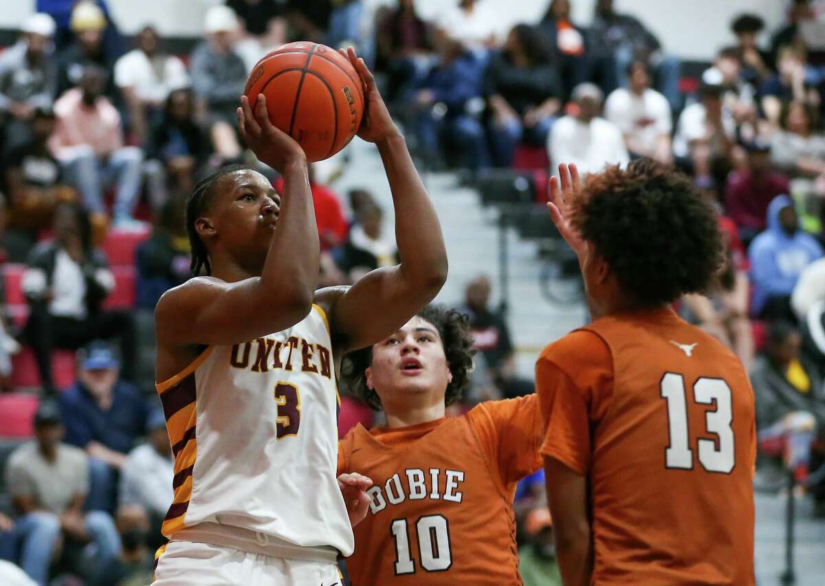 Beaumont United senior guard Wesley Yates attempts a shot during a first-round playoff game against Dobie at Port Arthur Memorial High School.