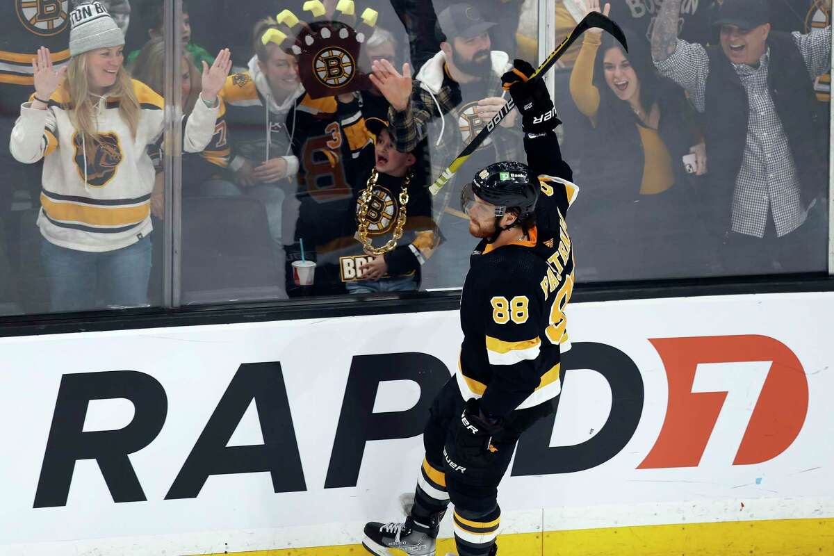 The Boston Bruins' David Pastrnak celebrates his goal during the third period of Monday’s game against the Ottawa Senators in Boston.