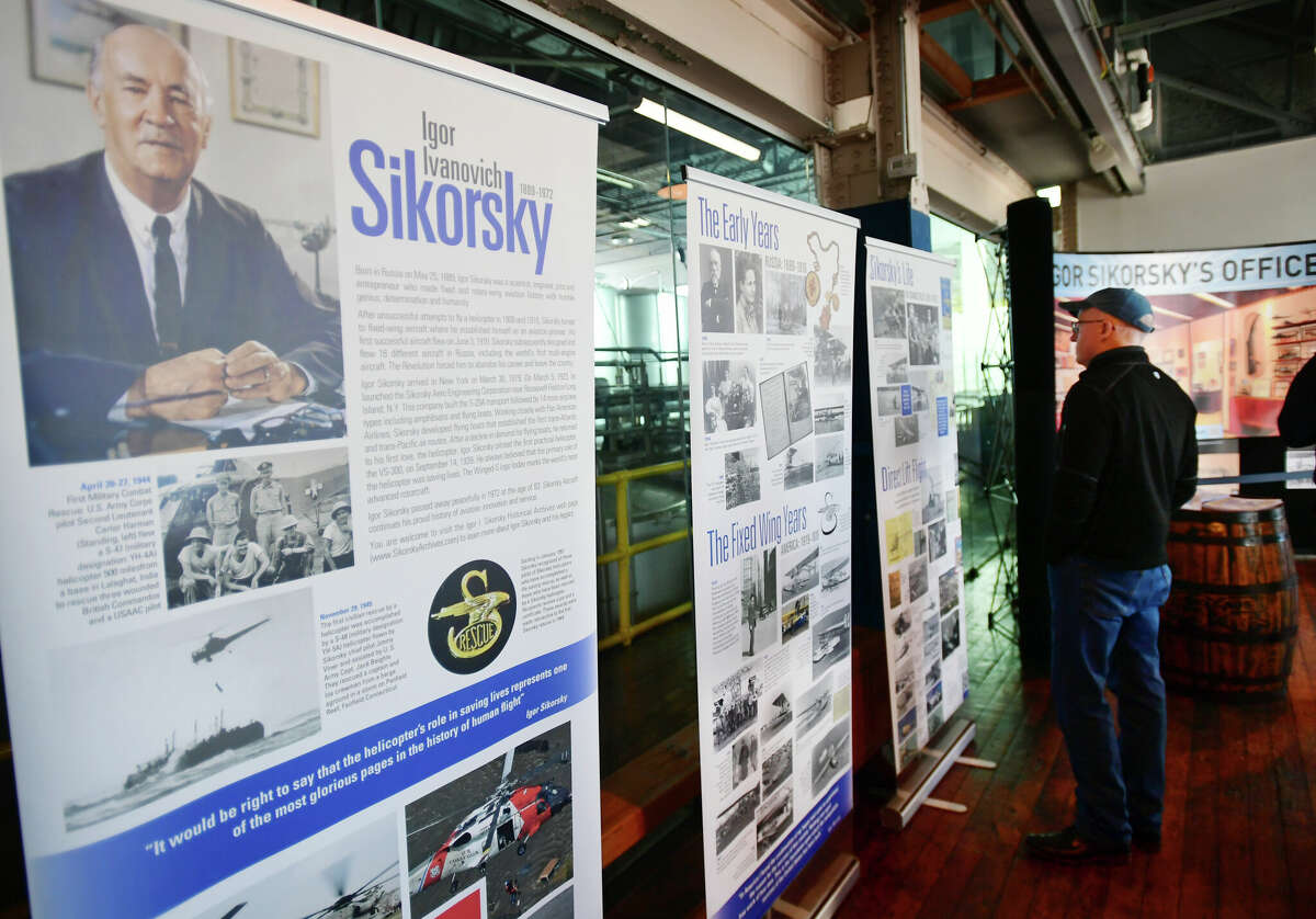 Exhibits illustrate the career of Stratford helicopter inventor Igor Sikorsky at the Igor Sikorsky Historical Archives annual event at Two Roads Brewery in Stratford, Conn., on February 4, 2023.
