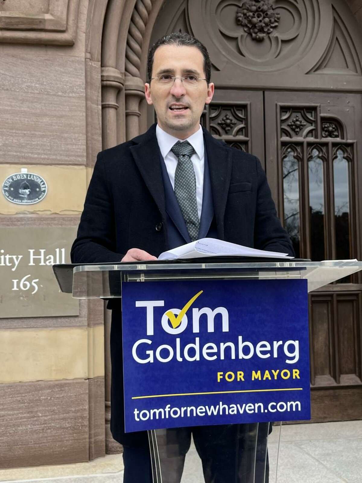New Haven Democratic mayoral candidate Tom Goldenberg speaks at a City Hall press conference on Tuesday, Jan. 10, 2023.