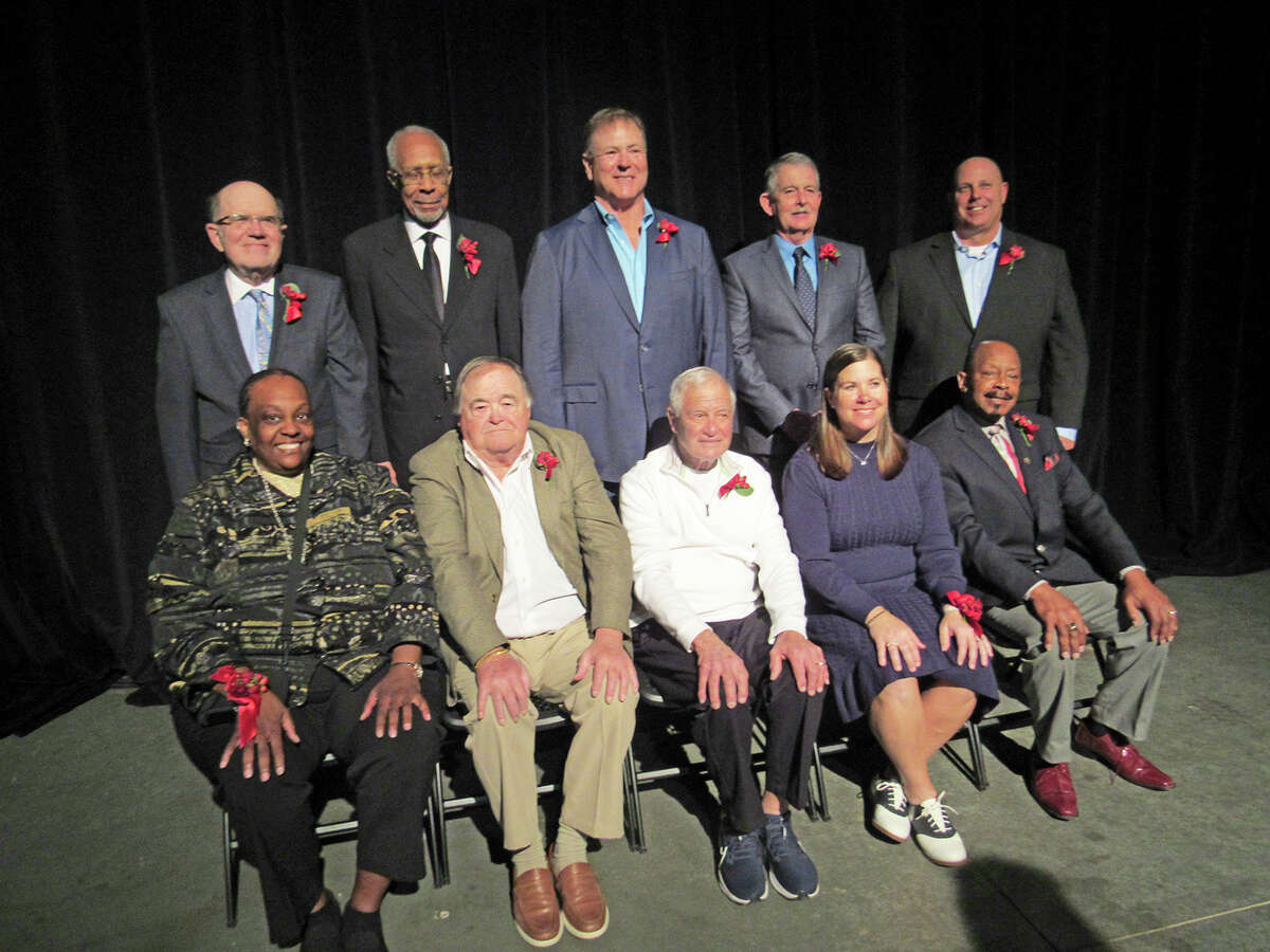 Inductees at Monday’s St. Louis Sports Hall of Fame Illinois Enshrinement Ceremony included front row left to right, Cathy Snipes, Tom Pile, Richard “Itch” Jones, Jill (Gomric) Dalke and Mike Goodrich. Back row -- Steve Porter, Don Freeman, Bob Cryder, Jay Harrington and Joe Bauer (representing the late Hank Bauer).