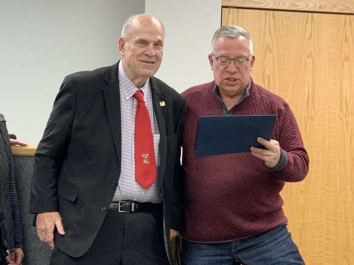 Jim Walls (left), who works alongside his wife Peggy Walls as heads of the steering committee for the 150th anniversary celebrations accepted a proclamation in appreciation and recognition for the continuous 150 years of service to the Big Rapids community from Mayor Fred Guenther at the Feb. 20 Commissioners Meeting.