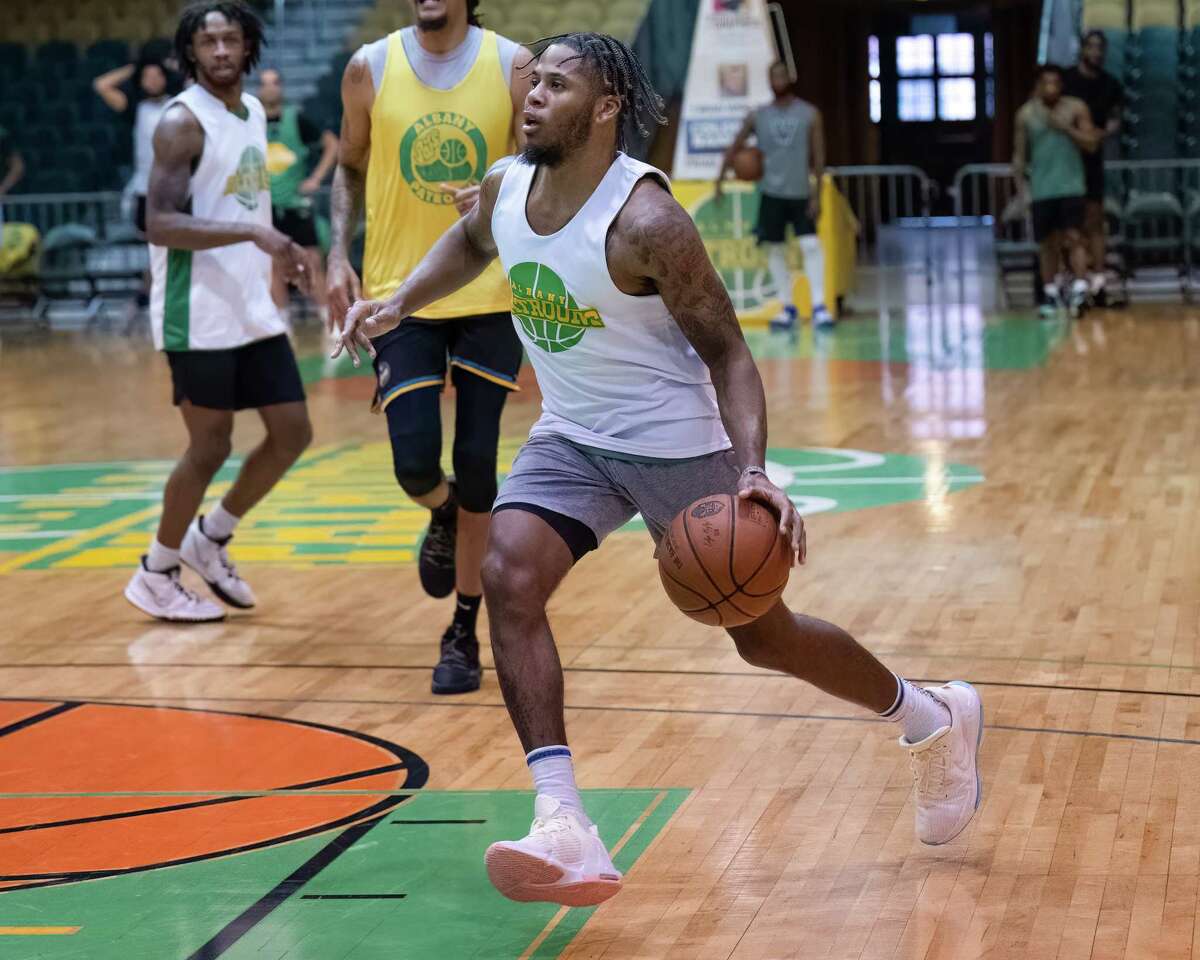 Albany Patroons guard Trevis Wyche during training camp on Tuesday, Feb. 21, 2023, at The Armory in Albany, NY.