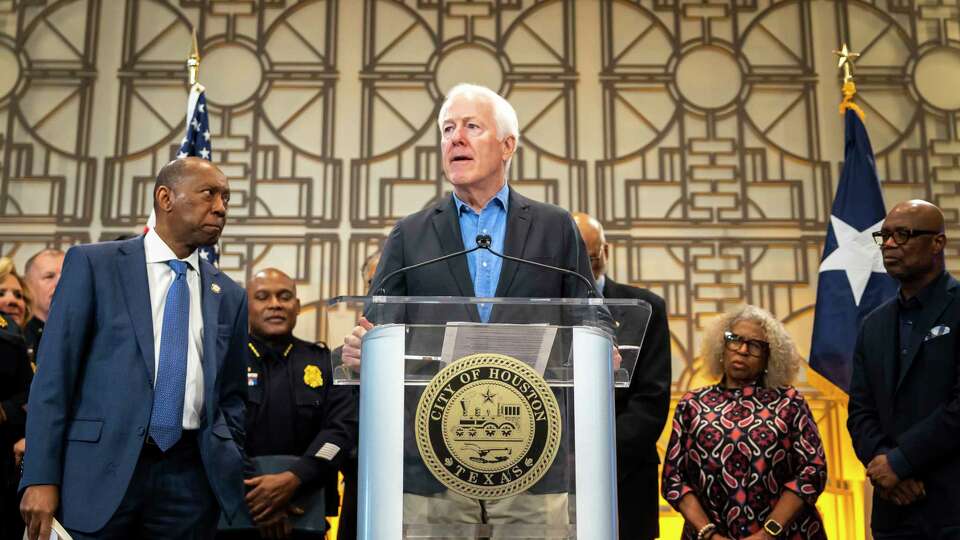 U.S. Senator John Cornyn (R-TX) speaks during a press conference with Houston Mayor Sylvester Turner, Houston Police Chief Troy Finner, and community leaders at Houston City Hall on Tuesday, Feb. 21, 2023.