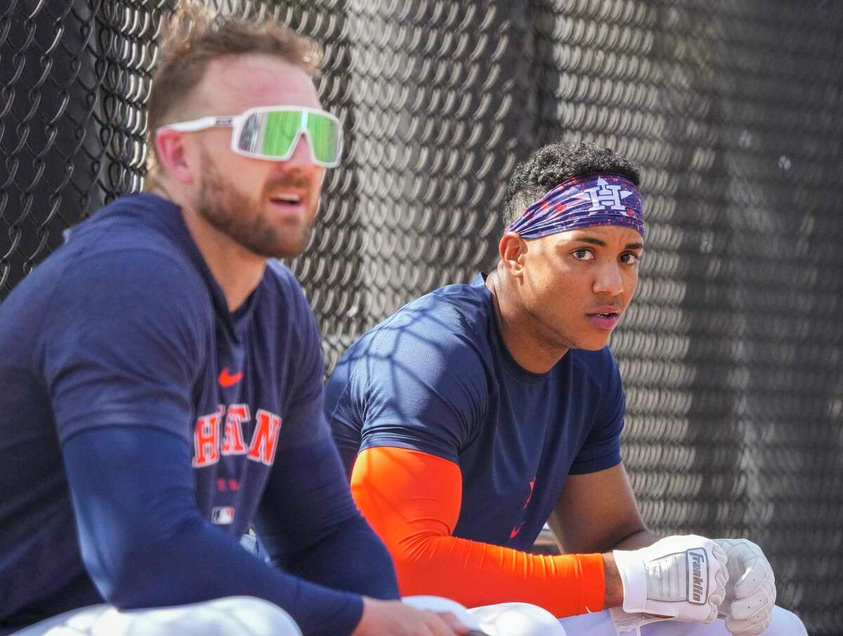 Houston Astros shortstop Jeremy Peña (3) waits to hit a live batting practice against pitcher Joe Record during the first full squad workout at the Astros spring training complex at The Ballpark of the Palm Beaches on Tuesday, Feb. 21, 2023 in West Palm Beach .