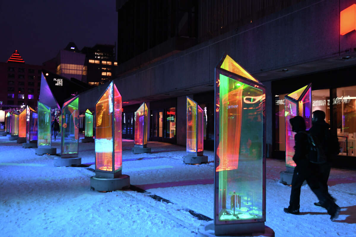 Holographic, spinning prisms line the path leading to Montreal en Lumiere.(Katherine Kiessling/Times Union)