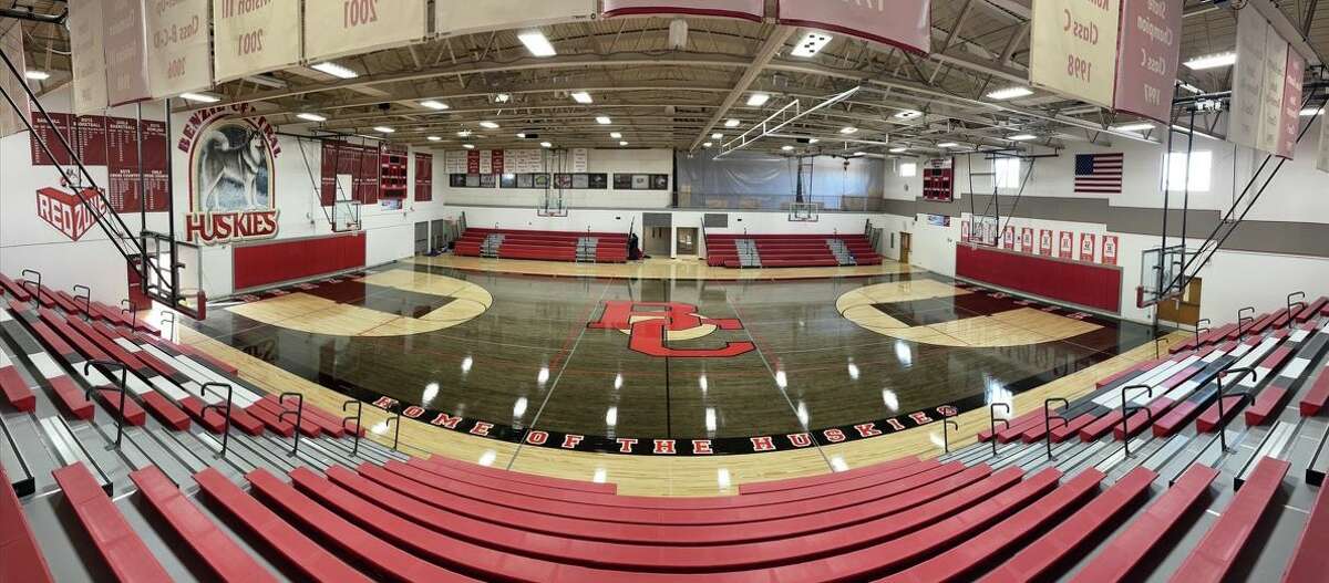 The new high school gym floor at Benzie Central High School, featuring the Benzie Central logo as a central motif, was completed on Feb. 20. 