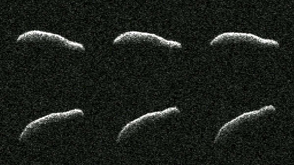 A collage shows six planetary radar observations of 2011 AG5 a day after the asteroid made its close approach to Earth on Feb. 3. 