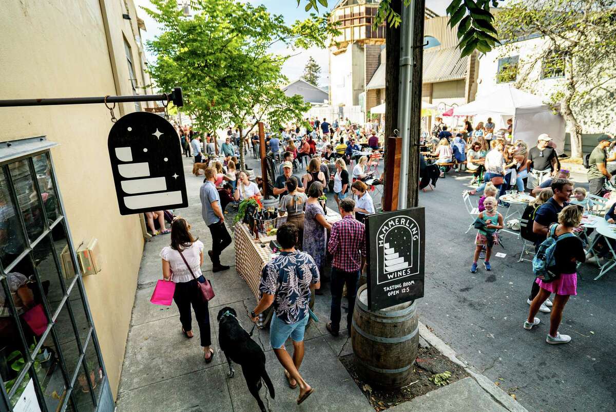 A First Friday event taking place in August outside Hammerling Wines' original location on Fifth Street in Berkeley.