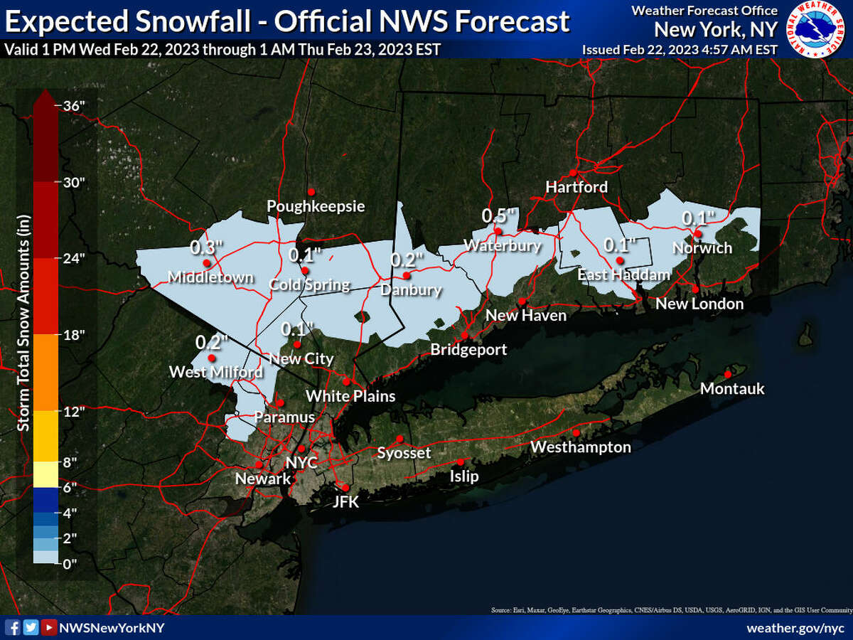 The most likely snowfall totals for lower Connecticut, according to the National Weather Service.