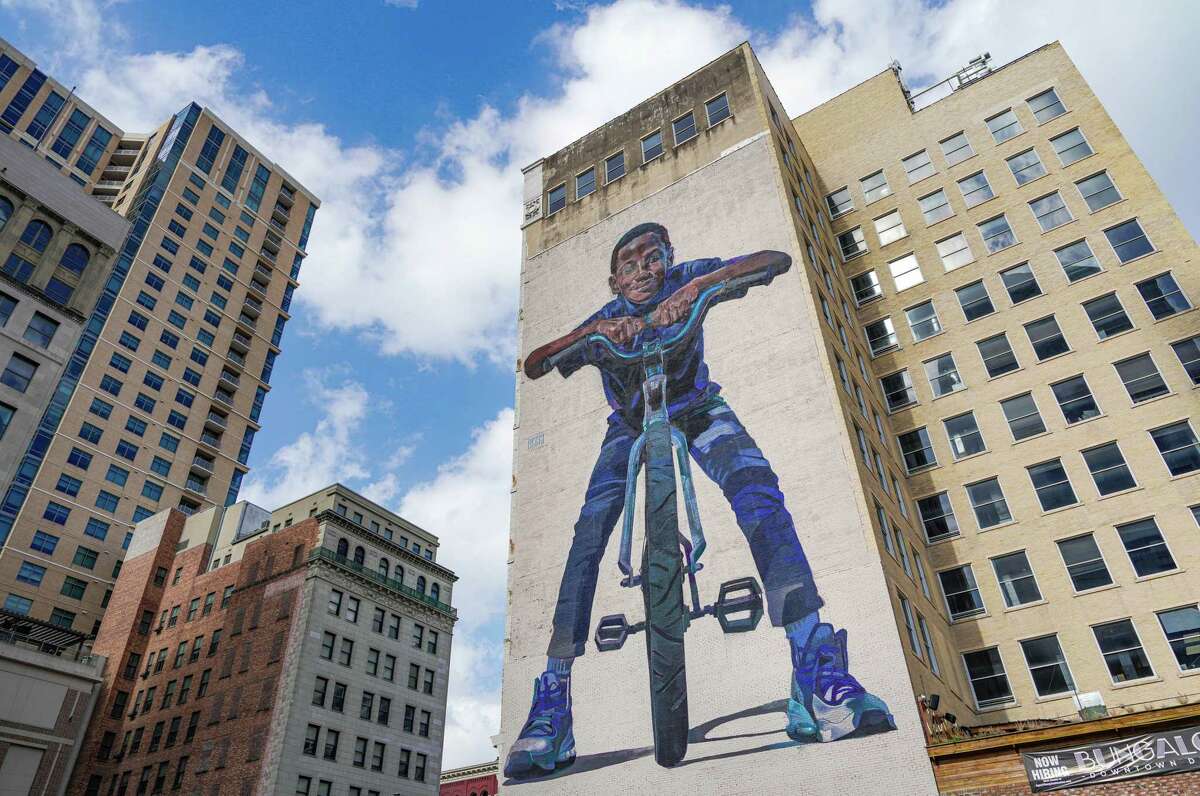 11-year-old Houston Atlee was selected from a group of boys in Shape Community Center’s after school program to recreate his photo for a mural in downtown on Tuesday, Feb. 21, 2023 at in Houston, TX.
