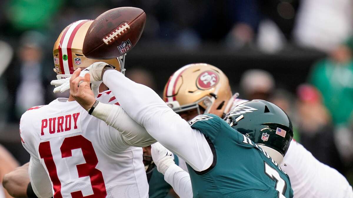 49ers QB Brock Purdy takes a fateful hit from Haason Reddick in January's NFC Championship Game.