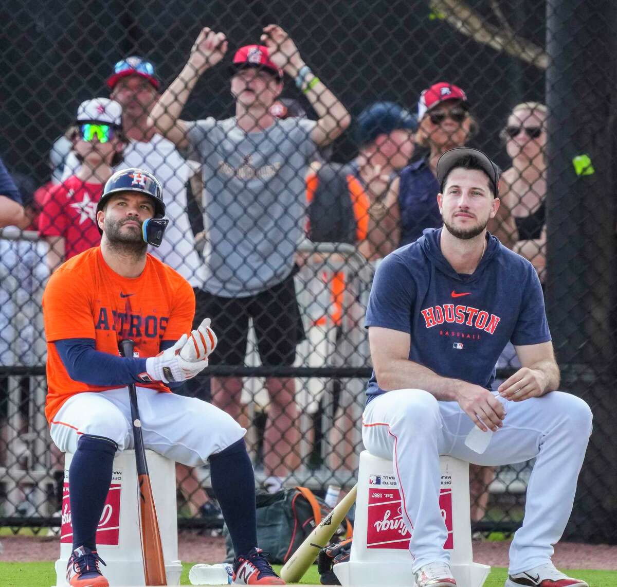 Houston Astros Jose Altuve and Kyle Tucker wait their turns for batting practice during workouts at the Astros spring training complex at The Ballpark of the Palm Beaches on Wednesday, Feb. 22, 2023 in West Palm Beach .