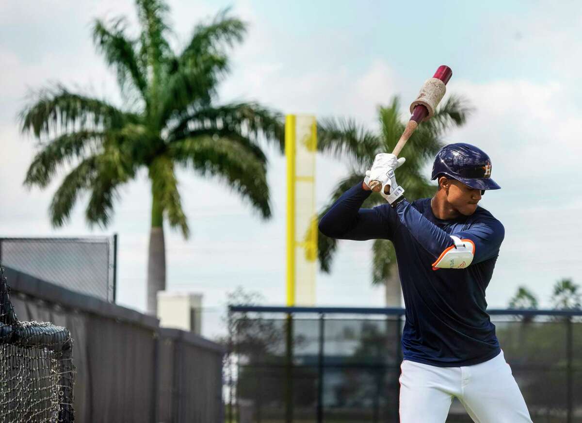 Houston Astros Jeremy Peña prepares to take live batting practice against pitcher Forrest Whitley during workouts at the Astros spring training complex at The Ballpark of the Palm Beaches on Wednesday, Feb. 22, 2023 in West Palm Beach .