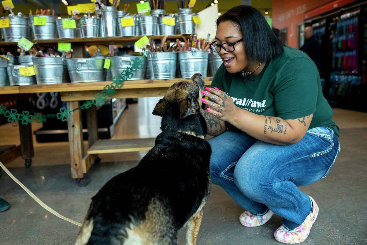 Natural Pawz employee Taralynn Smith greets a pup at the Natural Pawz location on Washington Ave.  on Wednesday, Feb.  22, 2023.