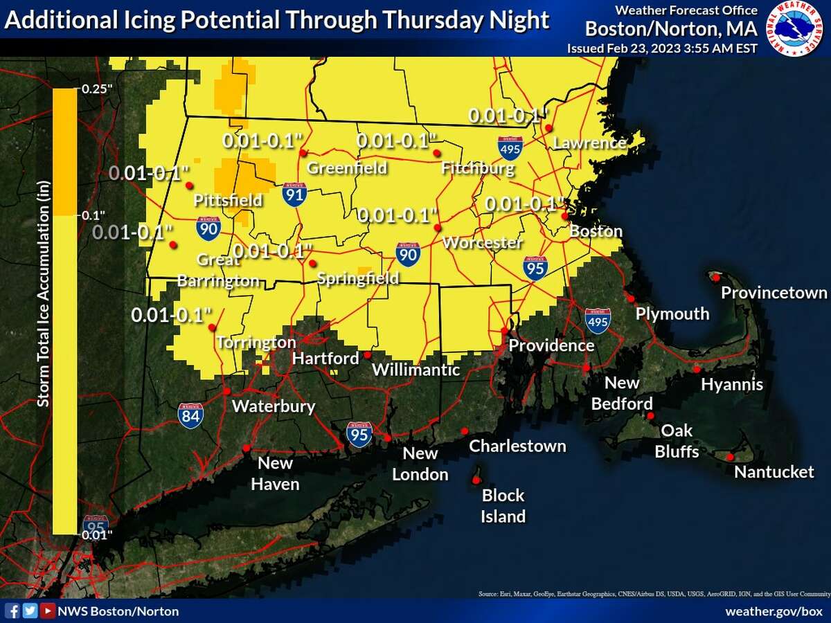 Some additional icing could impact northern parts of Connecticut Thursday night, the National Weather Service said. Winter weather advisories are in effect for three northern Connecticut counties until early Friday morning. 