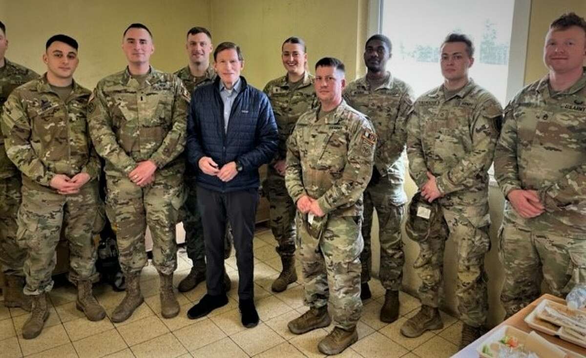U.S. Sen. Richard Blumenthal with Connecticut soldiers stationed in Germany who are helping train Ukrainian troops on new weapons systems.