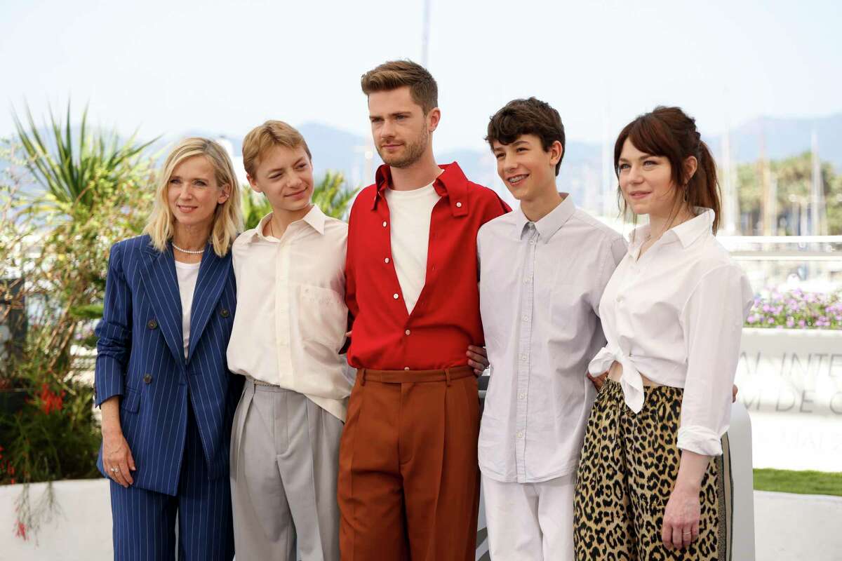 FILE - Lea Drucker, from left, Eden Dambrine, director Lukas Dhont, Gustav De Waele, and Emilie Dequenne pose for photographers at the photo call for the film "Close" at the 75th international film festival, Cannes, southern France, on May 27, 2022. The film is nominated for an Oscar for best international film.
