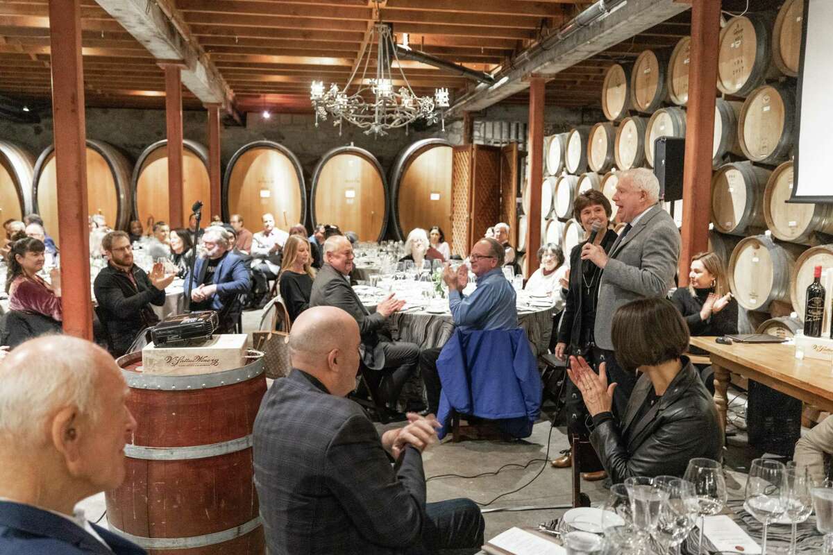 Bob Fraser speaks to guests attend the 2023 San Francisco Chronicle Wine Competition dinner at V. Sattui in Napa, Calif. on Wednesday, Jan. 18, 2023.