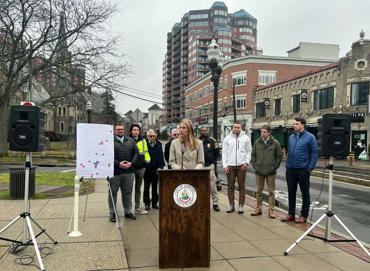 Stamford Mayor Caroline Simmons held a press conference to discuss investments towards Vision Zero goals to reduce traffic crashes and deaths, on Feb. 23, 2023.