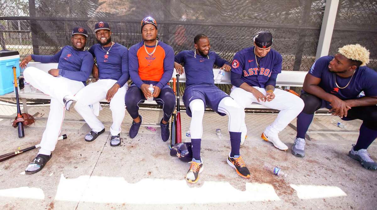 Houston Astros pitchers Hector Neris, Cristian Javier, Framber Valdez, Enoli Paredes, Bryan Abreu, and Ronel Blanco during spring training workouts at the Astros spring training complex at The Ballpark of the Palm Beaches on Thursday, Feb. 23, 2023 in West Palm Beach .