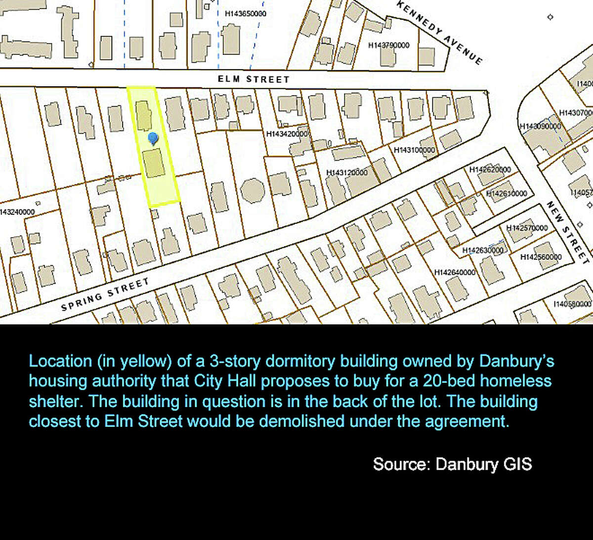 Location of 3-story dormitory building in Danbury owned by the city's housing authority that would be bought for use as a 20-bed shelter for the homeless under a complicated multi-party agreement the City Council must approve.   