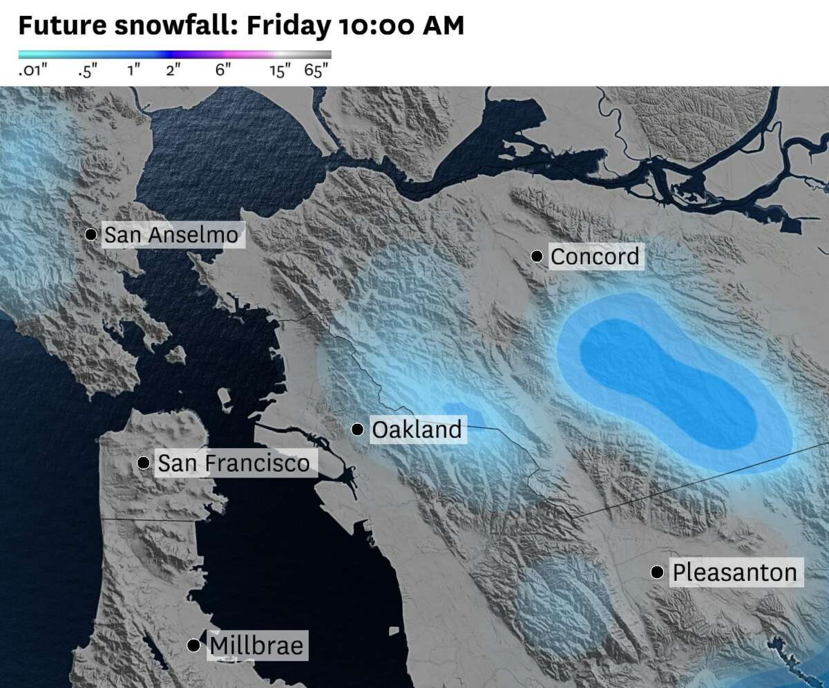 Forecast snowfall totals for Friday morning across San Francisco, the Marin Headlands, the Peninsula and the East Bay.