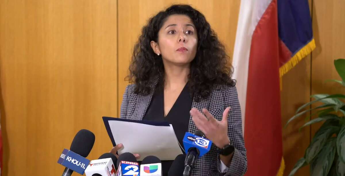 Harris County Judge Lina Hidalgo delivers an update on hazardous material being transported from East Palestine, Ohio to Harris County on Thursday, Feb. 23, 2023.