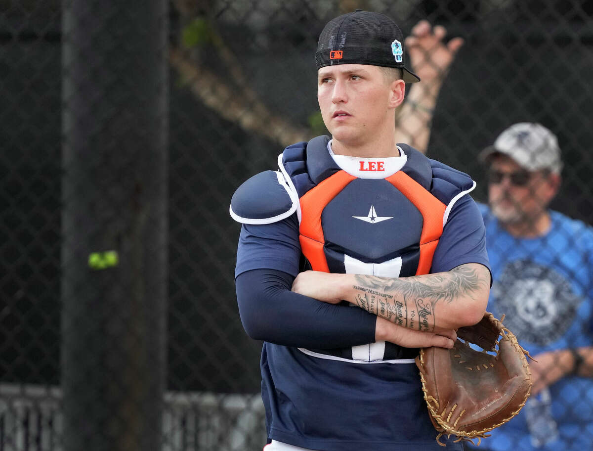 Houston Astros catcher Korey Lee during workouts at the Astros spring training complex at The Ballpark of the Palm Beaches on Sunday, Feb. 19, 2023 in West Palm Beach, Florida.