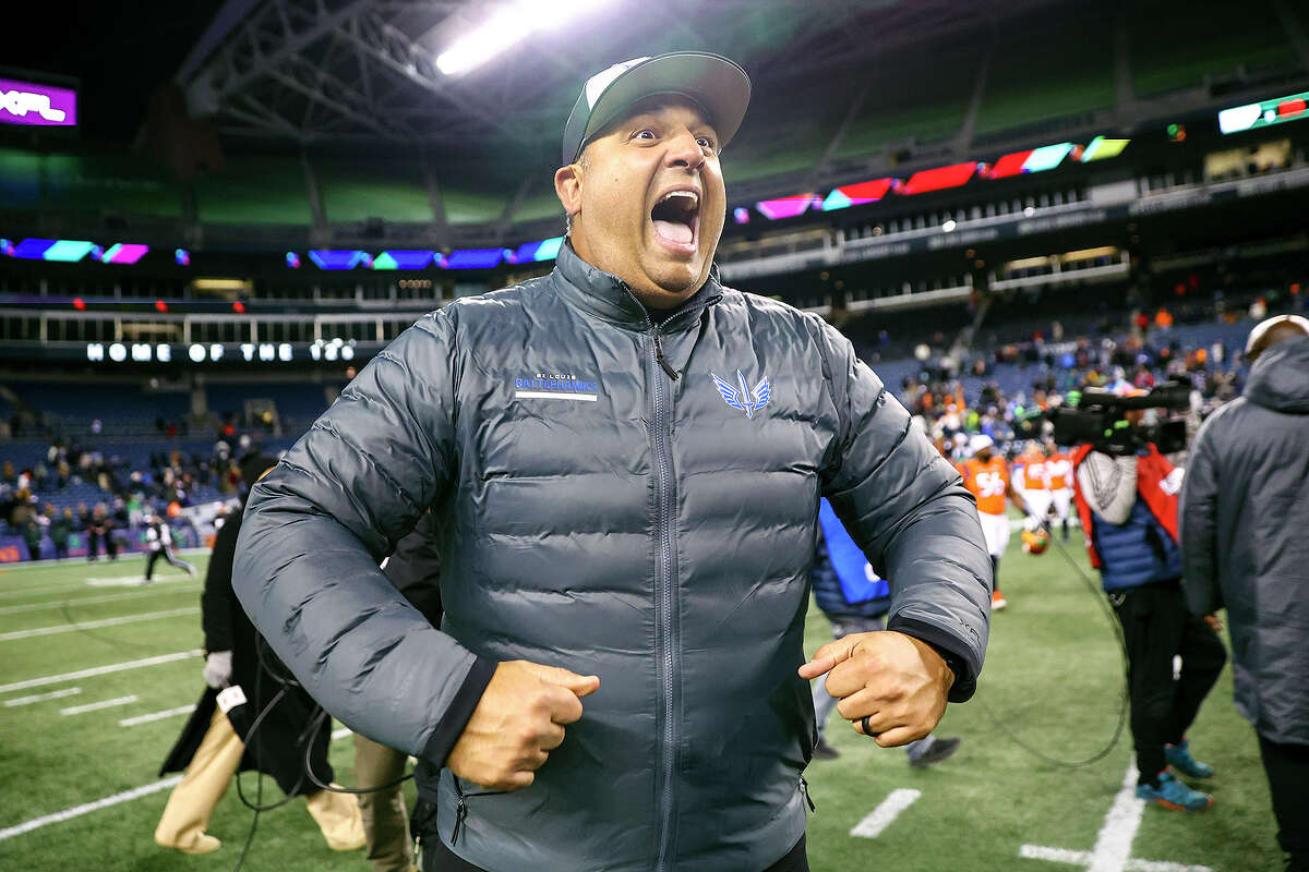 St. Louis Battlehawks head coach Anthony Becht celebrates following his team's 20-18 comeback win over the Seattle Sea Dragons Thursday night in Seattle. St. Louis is 2-0.