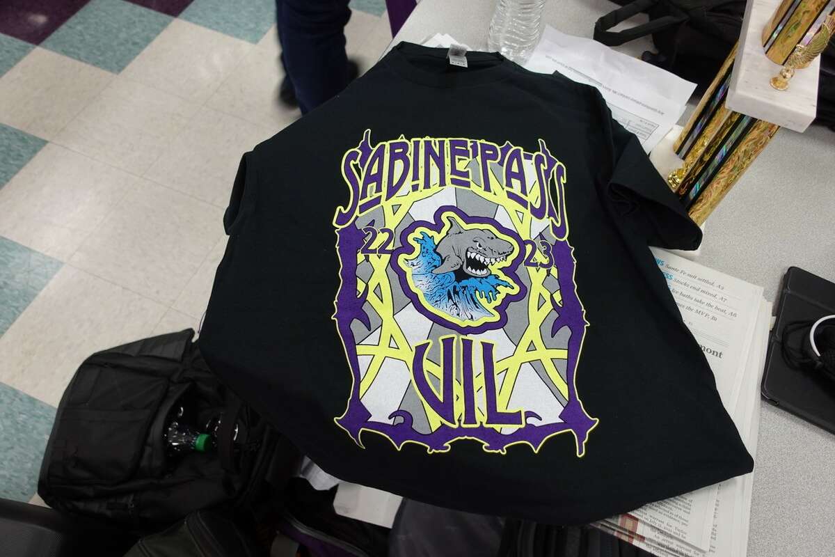 Sabine Pass School's 2023 University Interscholastic League Academic team shirt. The school designs a new shirt each year, usually themed after a popular movie. Photo taken Feb. 11, 2023. Photo by Olivia Malick/The Enterprise.