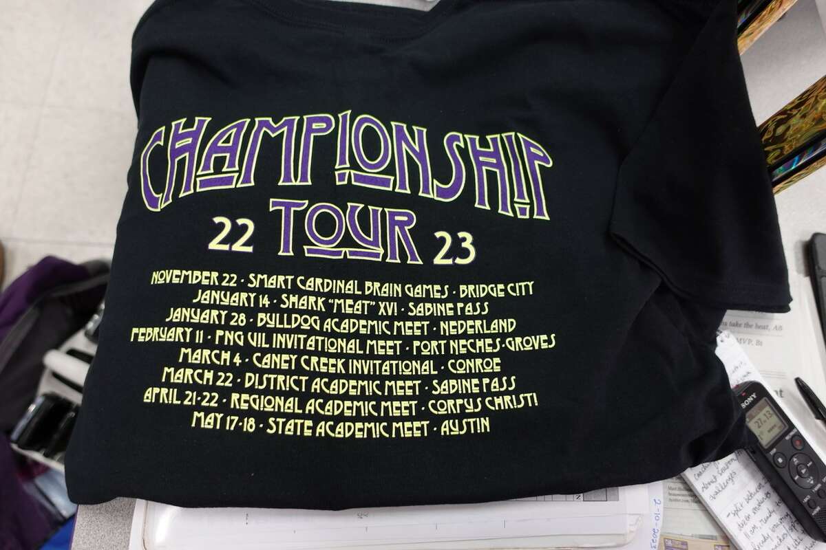 Sabine Pass School's 2023 University Interscholastic League Academic team shirt. The back lists all of the in-person meets the school will compete in. Photo taken Feb. 11, 2023. Photo by Olivia Malick/The Enterprise.