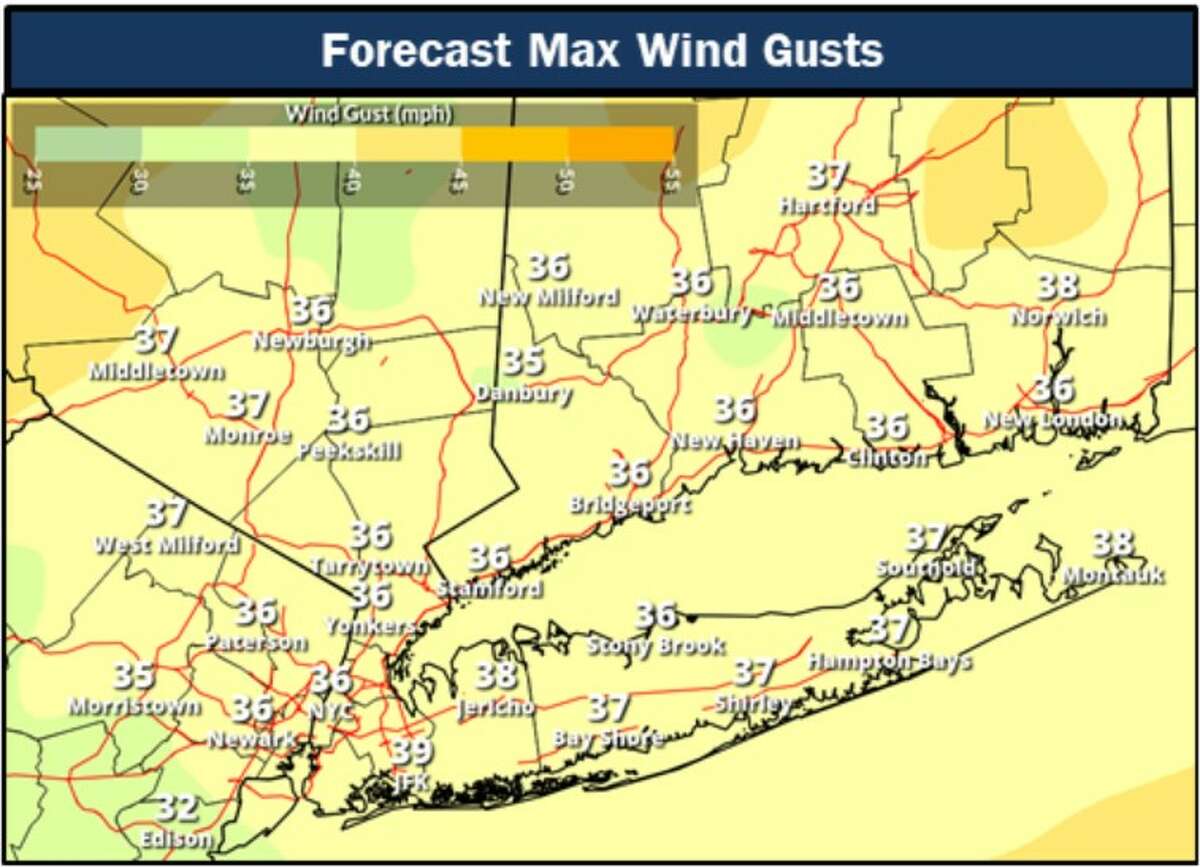 Predicted wind gust strength for lower Connecticut and the tri-state region. No wind advisories have been issued for the state's lower four counties on Friday.