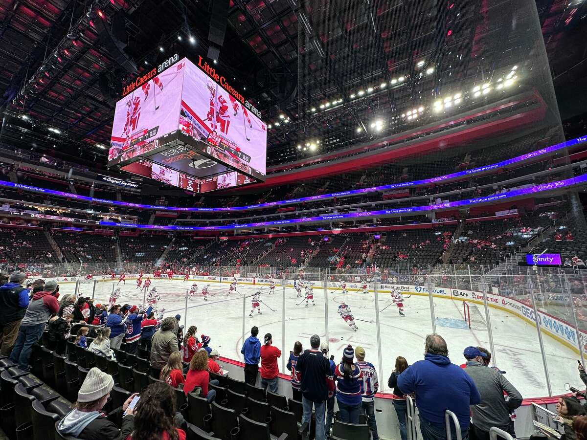 The New York Rangers and the Detroit Red Wings warm up before an NHL game at Little Caesars Arena Thursday, Feb. 23, 2023. 