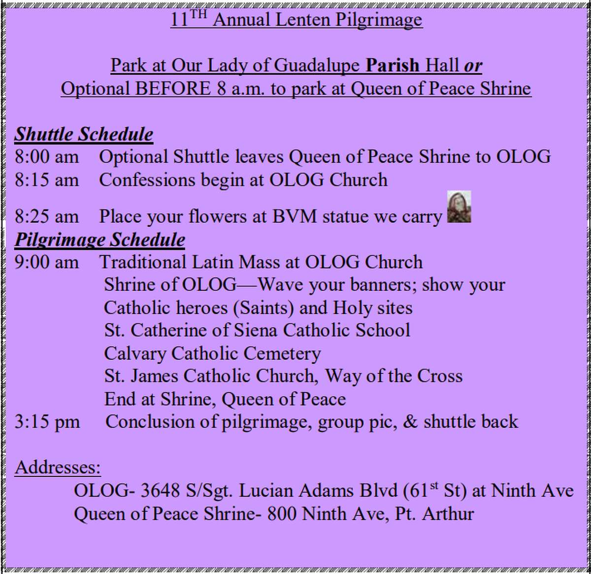 The 11th annual Lenten Pilgrimage will take place March 4 in Port Arthur.